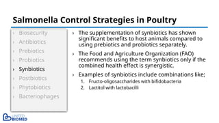 › Biosecurity
› Antibiotics
› Prebiotics
› Probiotics
› Synbiotics
› Postbiotics
› Phytobiotics
› Bacteriophages
› The supplementation of synbiotics has shown
significant benefits to host animals compared to
using prebiotics and probiotics separately.
› The Food and Agriculture Organization (FAO)
recommends using the term synbiotics only if the
combined health effect is synergistic.
› Examples of synbiotics include combinations like;
1. Fructo-oligosaccharides with bifidobacteria
2. Lactitol with lactobacilli
Salmonella Control Strategies in Poultry
 
