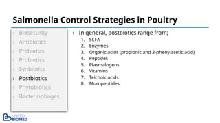 › Biosecurity
› Antibiotics
› Prebiotics
› Probiotics
› Synbiotics
› Postbiotics
› Phytobiotics
› Bacteriophages
› In general, postbiotics range from;
1. SCFA
2. Enzymes
3. Organic acids (propionic and 3-phenylacetic acid)
4. Peptides
5. Plasmalogens
6. Vitamins
7. Teichoic acids
8. Muropeptides
Salmonella Control Strategies in Poultry
 