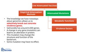 Live Attenuated Vaccines
Empirical Attenuation
Methods
Attenuated Mutations
Metabolic functions
Virulence factors
• The knowledge we have nowadays
about genomics allows us to
selectively knock out concrete
virulence genes.
• Salmonella has around 4,500 genes.
• A change in any gene (mutation) can
lead to an alteration in protein.
• This mutation may change the
structure and function of the
bacterium.
• Some mutation may have no effect.
 