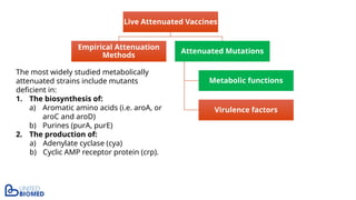 Live Attenuated Vaccines
Empirical Attenuation
Methods
Attenuated Mutations
Metabolic functions
Virulence factors
The most widely studied metabolically
attenuated strains include mutants
deficient in:
1. The biosynthesis of:
a) Aromatic amino acids (i.e. aroA, or
aroC and aroD)
b) Purines (purA, purE)
2. The production of:
a) Adenylate cyclase (cya)
b) Cyclic AMP receptor protein (crp).
 