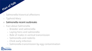 Plan of Talk
› Salmonella historical affections
› Typhoid Mary
› Salmonella recent outbreaks
› Fact about Salmonella
– Breeder and salmonella
– Laying hens and salmonella
– Role of males in vertical transmission
– Salmonella and rodents
– Chick early infection
– Salmonella transmission by egg contamination
 