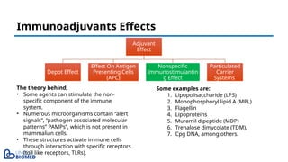 Immunoadjuvants Effects
Adjuvant
Effect
Depot Effect
Effect On Antigen
Presenting Cells
(APC)
Nonspecific
Immunostimulantin
g Effect
Particulated
Carrier
Systems
The theory behind;
• Some agents can stimulate the non-
specific component of the immune
system.
• Numerous microorganisms contain “alert
signals”, “pathogen associated molecular
patterns” PAMPs”, which is not present in
mammalian cells.
• These structures activate immune cells
through interaction with specific receptors
(toll like receptors, TLRs).
Some examples are:
1. Lipopolisaccharide (LPS)
2. Monophosphoryl lipid A (MPL)
3. Flagellin
4. Lipoproteins
5. Muramil dipeptide (MDP)
6. Trehalose dimycolate (TDM),
7. Cpg DNA, among others.
 