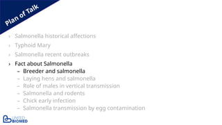 Plan of Talk
› Salmonella historical affections
› Typhoid Mary
› Salmonella recent outbreaks
› Fact about Salmonella
– Breeder and salmonella
– Laying hens and salmonella
– Role of males in vertical transmission
– Salmonella and rodents
– Chick early infection
– Salmonella transmission by egg contamination
 
