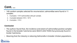 › 140 random samples selected for enumeration; salmonellae were found in 11
samples.
1. 4 samples > 10^3 salmonellae cells per sample.
2. 3 samples between 10^2 - 10^3
3. 4 samples < 10^2
Conclusion
› The authors found that, the incidence and extent of salmonellae-positive samples
found in the breeder hatcheries were MUCH LESS THAN that previously found in
broiler hatcheries.
› Meaning that the industry is reducing Salmonella in breeder chicken populations.
Cont. …
 