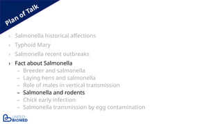 Plan of Talk
› Salmonella historical affections
› Typhoid Mary
› Salmonella recent outbreaks
› Fact about Salmonella
– Breeder and salmonella
– Laying hens and salmonella
– Role of males in vertical transmission
– Salmonella and rodents
– Chick early infection
– Salmonella transmission by egg contamination
 