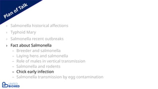 Plan of Talk
› Salmonella historical affections
› Typhoid Mary
› Salmonella recent outbreaks
› Fact about Salmonella
– Breeder and salmonella
– Laying hens and salmonella
– Role of males in vertical transmission
– Salmonella and rodents
– Chick early infection
– Salmonella transmission by egg contamination
 