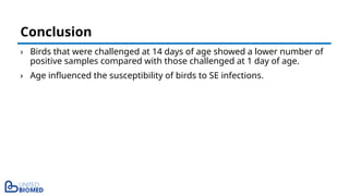 › Birds that were challenged at 14 days of age showed a lower number of
positive samples compared with those challenged at 1 day of age.
› Age influenced the susceptibility of birds to SE infections.
Conclusion
 