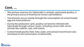 › The primary reservoir for Salmonella in animals, particularly poultry, is
the primary source of food-borne human salmonellosis.
› Transmission occurs mainly through the consumption of contaminated
egg and meat products.
› During the production cycle, poultry can become infected with
Salmonella through various routes, including contact with carrier
animals like rodents, cats, and insects.
› Contaminated poultry feed, litter, water, and aerosol transmission also
contribute to the transmission of Salmonella.
Cont. …
 
