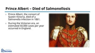 › Prince Albert, the consort of
Queen Victoria, died of a
Salmonella infection in 1861.
› During the Victorian era, an
estimated 50,000 cases per year
occurred in England.
Prince Albert – Died of Salmonellosis
 
