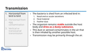 1. Horizontal from
bird to bird
2. Horizontal from
egg
contamination
3. Vertical or
transovarial
transmission
› The bacteria is shed from an infected bird in:
1. Nasal and or ocular secretions
2. Fecal material
3. Feather dust
› The organism remains stable outside the host
body and dries as a dusty substance.
› This dust or aerosol contaminates in the air that
is then inhaled by another possible host.
› Transmission may be primarily through the air.
Transmission
 