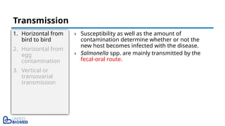 1. Horizontal from
bird to bird
2. Horizontal from
egg
contamination
3. Vertical or
transovarial
transmission
› Susceptibility as well as the amount of
contamination determine whether or not the
new host becomes infected with the disease.
› Salmonella spp. are mainly transmitted by the
fecal-oral route.
Transmission
 