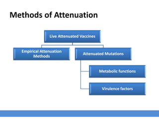 Live Attenuated Vaccines
Empirical Attenuation
Methods
Attenuated Mutations
Metabolic functions
Virulence factors
Methods of Attenuation
 