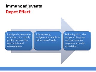 Immunoadjuvants
Depot Effect
If antigen is present in
a solution, it is mostly
quickly removed by
neutrophils and
macrophages.
Subsequently,
antigens are unable to
prime naive T cells.
Following that, the
antigens disappear
and the immune
response is hardly
detectable.
 