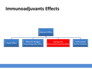 Immunoadjuvants Effects
Adjuvant Effect
Depot Effect
Effect On Antigen
Presenting Cells (APC)
Nonspecific
Immunostimulanting Effect
Particulated
Carrier Systems
 