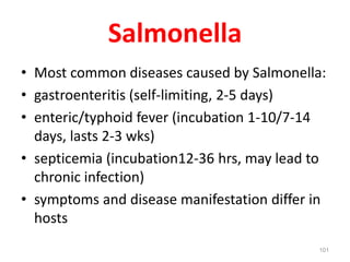 Salmonella
• Most common diseases caused by Salmonella:
• gastroenteritis (self-limiting, 2-5 days)
• enteric/typhoid fever (incubation 1-10/7-14
days, lasts 2-3 wks)
• septicemia (incubation12-36 hrs, may lead to
chronic infection)
• symptoms and disease manifestation differ in
hosts
101
 