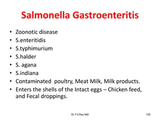 Salmonella Gastroenteritis
• Zoonotic disease
• S.enteritidis
• S.typhimurium
• S.halder
• S. agana
• S.indiana
• Contaminated poultry, Meat Milk, Milk products.
• Enters the shells of the Intact eggs – Chicken feed,
and Fecal droppings.
Dr.T.V.Rao MD 105
 