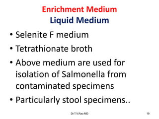 Enrichment Medium
Liquid Medium
• Selenite F medium
• Tetrathionate broth
• Above medium are used for
isolation of Salmonella from
contaminated specimens
• Particularly stool specimens..
Dr.T.V.Rao MD 19
 