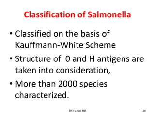 Classification of Salmonella
• Classified on the basis of
Kauffmann-White Scheme
• Structure of 0 and H antigens are
taken into consideration,
• More than 2000 species
characterized.
Dr.T.V.Rao MD 28
 