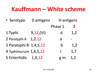Kauffmann – White scheme
• Serotype 0 antigens H antigens
Phase 1 2
1.Typhi 9,12,(Vi) d 1,2
2 Paratyphi A 1,2.12 a -
3 Paratyphi B 1,4,5,12 b 1,2
4 Typhimuruim 1,4,5,12 I 1,7
5 Enteritidis 1,9,12 g m 1,2
Dr.T.V.Rao MD 29
 