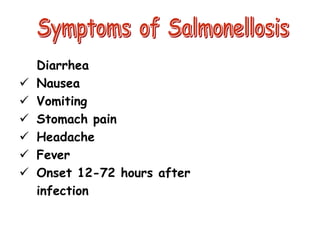  Diarrhea
 Nausea
 Vomiting
 Stomach pain
 Headache
 Fever
 Onset 12-72 hours after
infection
 