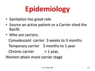 Epidemiology
• Sanitation has great role
• Source an active patient or a Carrier shed the
Bacilli.
• Who are carriers.
Convalescent carrier 3 weeks to 3 months
Temporary carrier 3 months to 1 year
Chronic carrier > 1 year,
Women attain more carrier stage
Dr.T.V.Rao MD 64
 