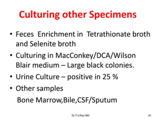 Culturing other Specimens
• Feces Enrichment in Tetrathionate broth
and Selenite broth
• Culturing in MacConkey/DCA/Wilson
Blair medium – Large black colonies.
• Urine Culture – positive in 25 %
• Other samples
Bone Marrow,Bile,CSF/Sputum
Dr.T.V.Rao MD 81
 
