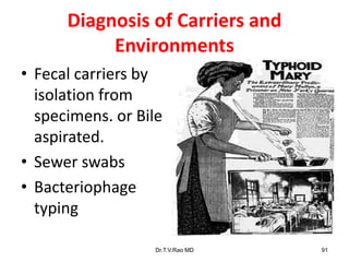 Diagnosis of Carriers and
Environments
• Fecal carriers by
isolation from
specimens. or Bile
aspirated.
• Sewer swabs
• Bacteriophage
typing
Dr.T.V.Rao MD 91
 