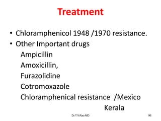 Treatment
• Chloramphenicol 1948 /1970 resistance.
• Other Important drugs
Ampicillin
Amoxicillin,
Furazolidine
Cotromoxazole
Chloramphenical resistance /Mexico
Kerala
Dr.T.V.Rao MD 96
 