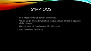 SYMPTOMS
• Pain Areas: in the abdomen or muscles
• Whole Body: chills, dehydration, fatigues, fever, or loss of appetite,
chills, myalgia
• Gastrointestinal: diarrhoea or blood in stool
• Also Common: headache
 