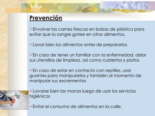 Prevención
Envolver las carnes frescas en bolsas de plástico para
evitar que la sangre gotee en otros alimentos.

Lavar bien los alimentos antes de prepararlos

En caso de tener un familiar con la enfermedad, aislar
sus utensilios de limpieza, así como cubiertos y platos

En caso de estar en contacto con reptiles, usar
guantes para manipularlos y también al momento de
manipular sus excrementos

Lavarse bien las manos luego de usar los servicios
higiénicos

Evitar el consumo de alimentos en la calle.
 