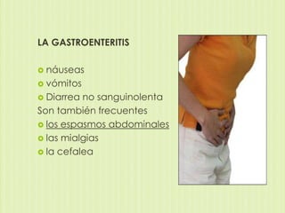 LA GASTROENTERITIS
 náuseas
 vómitos
 Diarrea

no sanguinolenta
Son también frecuentes
 los espasmos abdominales
 las mialgias
 la cefalea

 