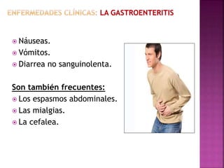  Náuseas. 
 Vómitos. 
 Diarrea no sanguinolenta. 
Son también frecuentes: 
 Los espasmos abdominales. 
 Las mialgias. 
 La cefalea. 
 