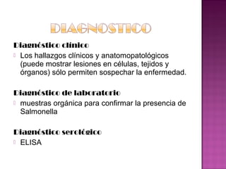 Diagnóstico clínico
 Los hallazgos clínicos y anatomopatológicos
  (puede mostrar lesiones en células, tejidos y
  órganos) sólo permiten sospechar la enfermedad.

Diagnóstico de laboratorio
 muestras orgánica para confirmar la presencia de
  Salmonella

Diagnóstico serológico
 ELISA
 