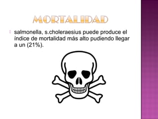    salmonella, s.choleraesius puede produce el
    índice de mortalidad más alto pudiendo llegar
    a un (21%).
 