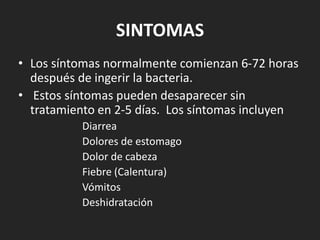 SINTOMAS
• Los síntomas normalmente comienzan 6-72 horas
  después de ingerir la bacteria.
• Estos síntomas pueden desaparecer sin
  tratamiento en 2-5 días. Los síntomas incluyen
          Diarrea
          Dolores de estomago
          Dolor de cabeza
          Fiebre (Calentura)
          Vómitos
          Deshidratación
 