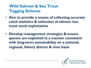 Wild Salmon & Sea Trout
  Tagging Scheme
• Aim to provide a means of collecting accurate
  catch statistics & estimates of salmon /sea
  trout stock exploitation

• Develop management strategies & ensure
  species are exploited in a manner consistent
  with long-term sustainability on a national,
  regional, fishery district & river basis
 