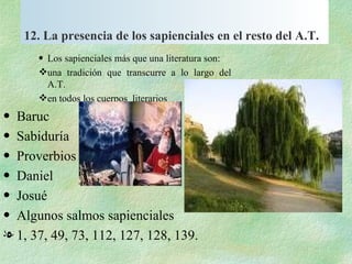 12. La presencia de los sapienciales en el resto del A.T. Los sapienciales más que una literatura son: una tradición que transcurre a lo largo del A.T. en todos los cuerpos  literarios Baruc Sabiduría Proverbios Daniel  Josué  Algunos salmos sapienciales 1, 37, 49, 73, 112, 127, 128, 139. 