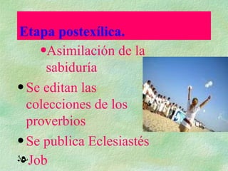 Etapa postexílica. Asimilación de la sabiduría Se editan las colecciones de los proverbios Se publica Eclesiastés Job   