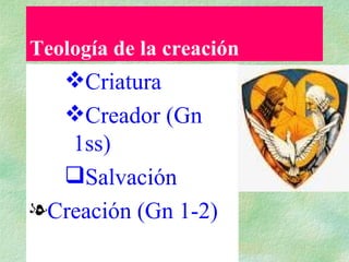 Teología de la creación Criatura  Creador (Gn 1ss) Salvación Creación (Gn 1-2) 