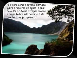 Pois será como a árvore plantada
junto a ribeiros de águas, a qual
dá o seu fruto na estação própria,
e cujas folhas não caem; e tudo
quanto fizer prosperará.
 