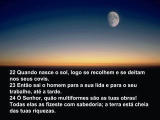 22 Quando nasce o sol, logo se recolhem e se deitam
nos seus covis.
23 Então sai o homem para a sua lida e para o seu
trabalho, até a tarde.
24 Ó Senhor, quão multiformes são as tuas obras!
Todas elas as fizeste com sabedoria; a terra está cheia
das tuas riquezas.
 