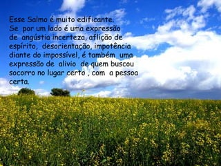 Esse Salmo é muito edificante.Se  por um lado é uma expressão de  angústia incerteza, aflição de espírito,  desorientação, impotênciadiante do impossível, é também  umaexpressão de  alivio  de quem buscou socorro no lugar certo , com  a pessoa certa.