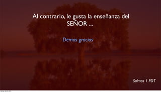  Al contrario, le gusta la enseñanza del
                                        SEÑOR ...

                                     Demos gracias




                                                                    Salmos 1 PDT

Monday, April 23, 2012
 
