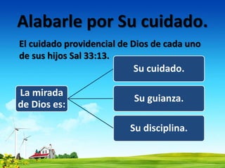 Alabarle por Su cuidado.
La mirada
de Dios es:
Su cuidado.
Su guianza.
Su disciplina.
El cuidado providencial de Dios de cada uno
de sus hijos Sal 33:13.
 