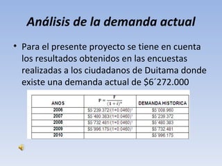 Análisis de la demanda actual
• Para el presente proyecto se tiene en cuenta
  los resultados obtenidos en las encuestas
  realizadas a los ciudadanos de Duitama donde
  existe una demanda actual de $6´272.000
 
