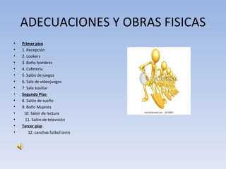 ADECUACIONES Y OBRAS FISICAS
•   Primer piso
•   1. Recepción
•   2. Lookers
•   3. Baño hombres
•   4. Cafetería
•   5. Salón de juegos
•   6. Sala de videojuegos
•   7. Sala auxiliar
•   Segundo Piso
•   8. Salón de sueño
•   9. Baño Mujeres
•    10. Salón de lectura
•     11. Salón de televisión
•   Tercer piso
•       12. canchas futbol tenis
 
