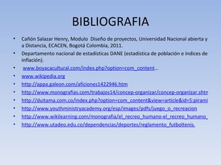 BIBLIOGRAFIA
•   Cañón Salazar Henry, Modulo Diseño de proyectos, Universidad Nacional abierta y
    a Distancia, ECACEN, Bogotá Colombia, 2011.
•   Departamento nacional de estadísticas DANE (estadística de población e índices de
    inflación).
•    www.boyacacultural.com/index.php?option=com_content...
•   www.wikipedia.org
•   http://appa.galeon.com/aficiones1422946.htm
•   http://www.monografias.com/trabajos14/concep-organizar/concep-organizar.shtml
•   http://duitama.com.co/index.php?option=com_content&view=article&id=5:piramide-po
•   http://www.youthministryacademy.org/esp/images/pdfs/juego_o_recreacion
•   http://www.wikilearning.com/monografia/el_recreo_humano-el_recreo_humano_en_la_
•   http://www.utadeo.edu.co/dependencias/deportes/reglamento_futboltenis.
 