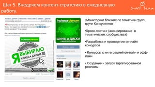 Шаг 5. Внедряем контент-стратегию в ежедневную
работу.
•Мониторинг близких по тематике групп ,
групп Конкурентов
•Кросс-постинг (анонсирование в
тематических сообществах)
•Разработка и проведение он-лайн
конкурсов
• Конкурсы с интеграцией он-лайн и офф-
лайн
• Создание и запуск таргетированной
рекламы
 