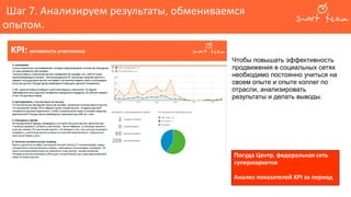 Шаг 7. Анализируем результаты, обмениваемся
опытом.
Чтобы повышать эффективность
продвижения в социальных сетях
необходимо постоянно учиться на
своем опыте и опыте коллег по
отрасли, анализировать
результаты и делать выводы.
Посуда Центр, федеральная сеть
супермаркетов
Анализ показателей KPI за период
 