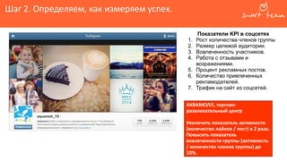 Шаг 2. Определяем, как измеряем успех.
Показатели KPI в соцсетях
1. Рост количества членов группы
2. Размер целевой аудитории.
3. Вовлеченность участников.
4. Работа с отзывами и
возражениями.
5. Процент рекламных постов.
6. Количество привлеченных
рекламодателей.
7. Трафик на сайт из соцсетей.
АКВАМОЛЛ, торгово-
развлекательный центр
Увеличить показатель активности
(количество лайков / пост) в 2 раза.
Повысить показатель
вовлеченности группы (активность
/ количество членов группы) до
10%.
 